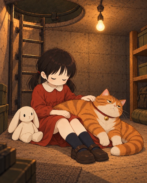 電球の下で猫をひざにのせる女の子