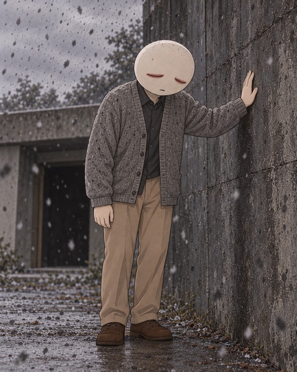 灰の降る外で壁に手をつく隣人